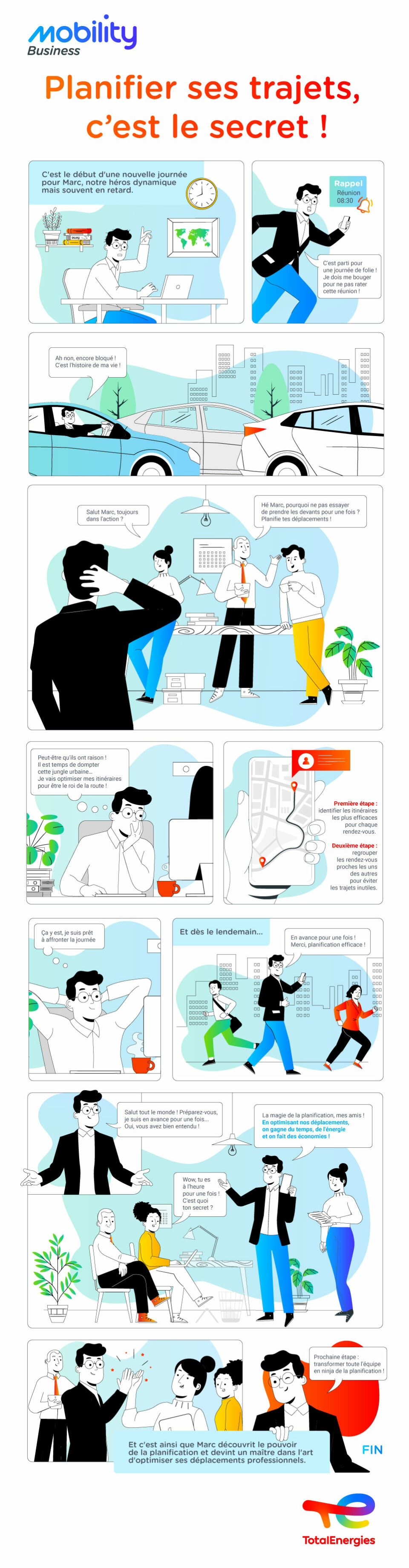 Bande dessinée illustrant des personnes utilisant divers modes de transport éco-responsables pour leurs déplacements professionnels